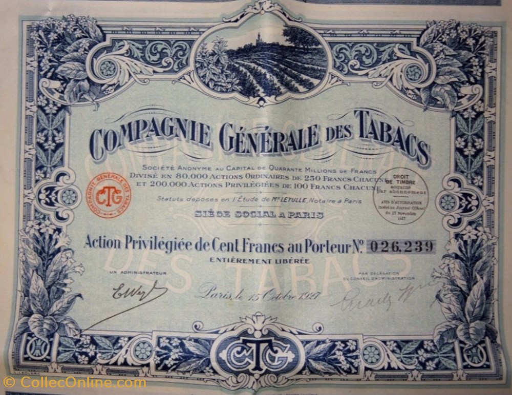 Compagnie générale des tabacs 1927 3 vieux papier action titre compagnie generale des tabacs 1927