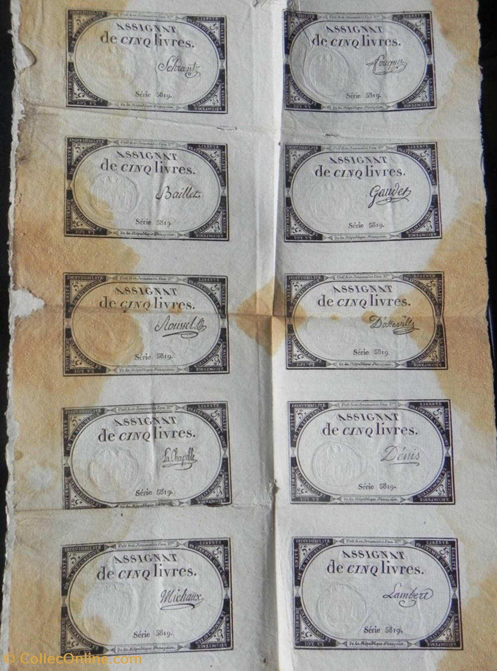 billets europe france planche 10 assignats de 5 livres