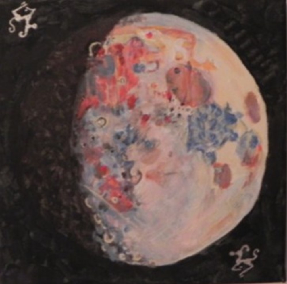 art antiquites peintures dessins lune peinture acrylique sur toile visage personnage en pied et animaux