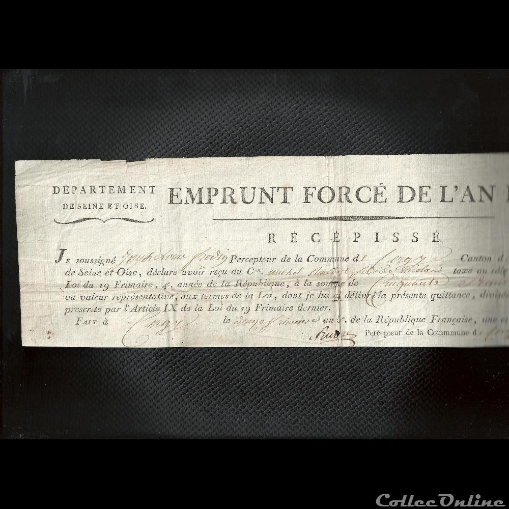 50 francs : emprunt forcé de L'AN IV canton de Pontoise en Seine et Oise 3 billet europe france 50 francs emprunt force de an iv canton de pontoise en seine et oise