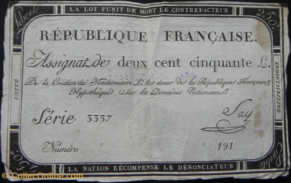 assignat de 250 livres l'an 2 de la république billets europe france assignat de 250 livres an 2 de la republique