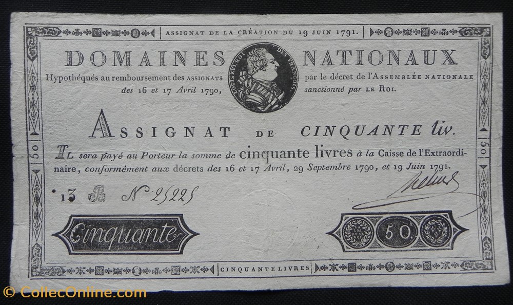 billets europe france assignat 50 livres 29 septembre 1790 19 juin 1791
