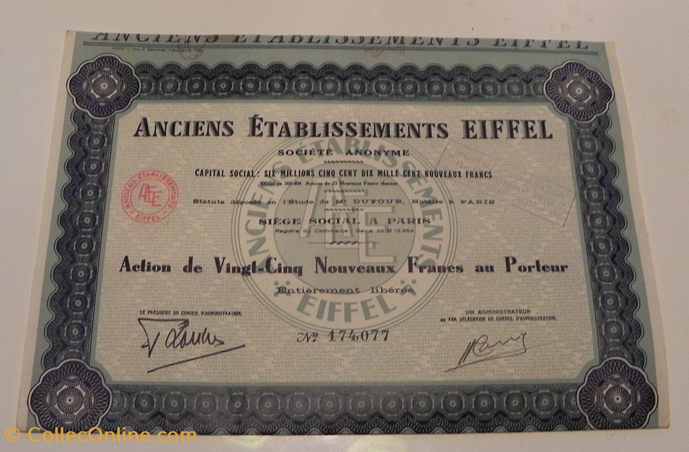 vieux papiers actions titres anciens etablissements eiffel date 1960 action de 25 nouveaux francs n 174077 vert bleu