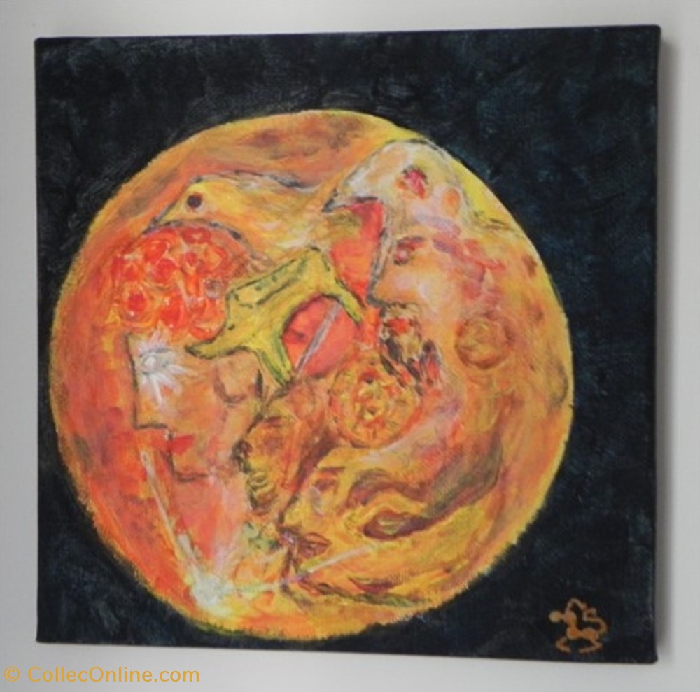 art antiquites peintures dessins lune rousse peinture acrylique sur toile visages et animaux