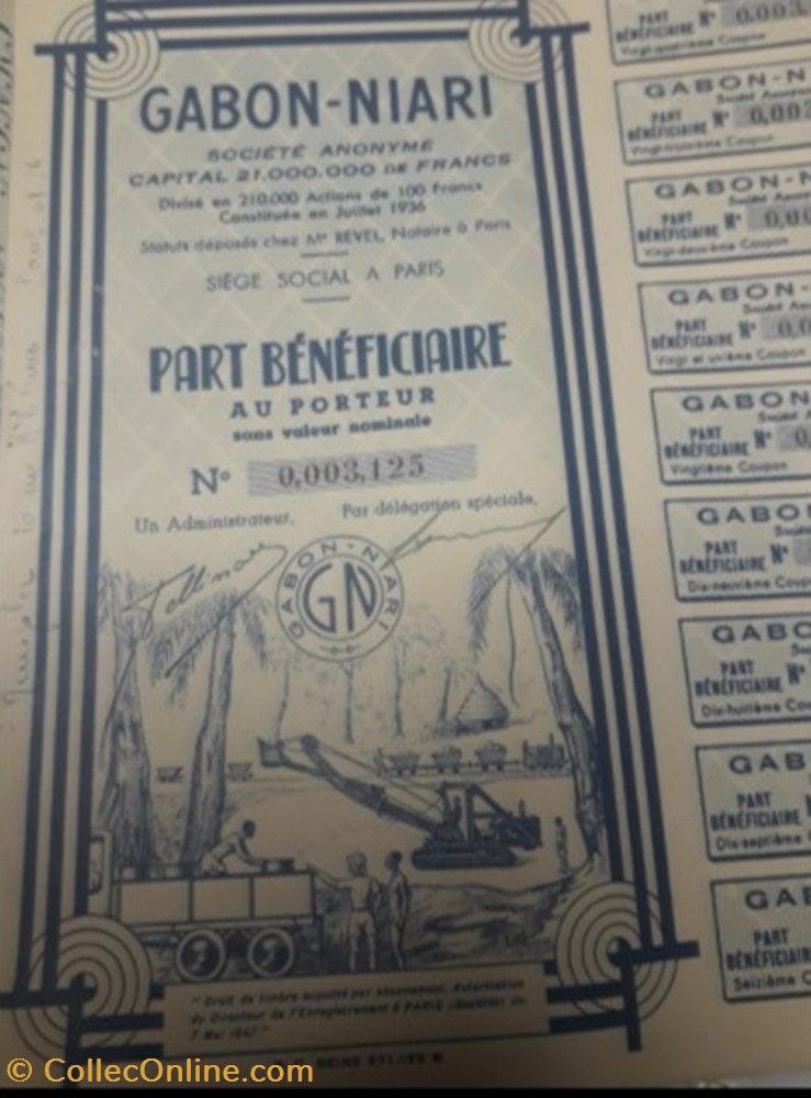 GABON-NIARI part bénéficiaire au porteur vieux papier action titre gabon niari part beneficiaire au porteur