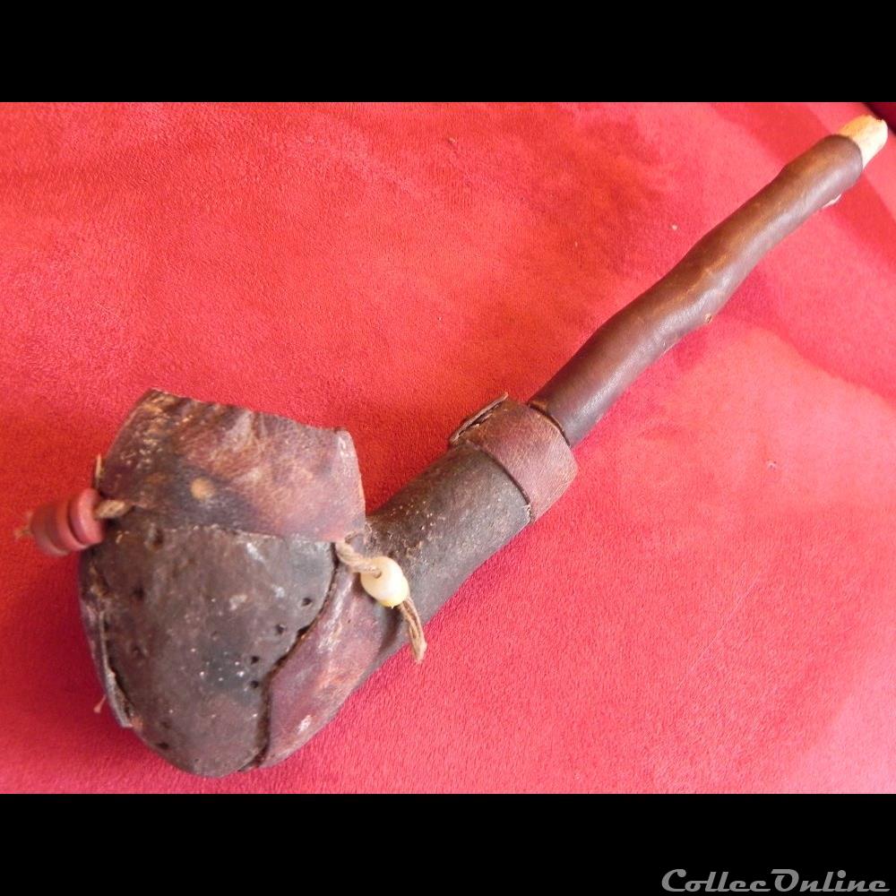 art antiquite africain fourneau pipe terre cuite et tube de bois guaine de cuir