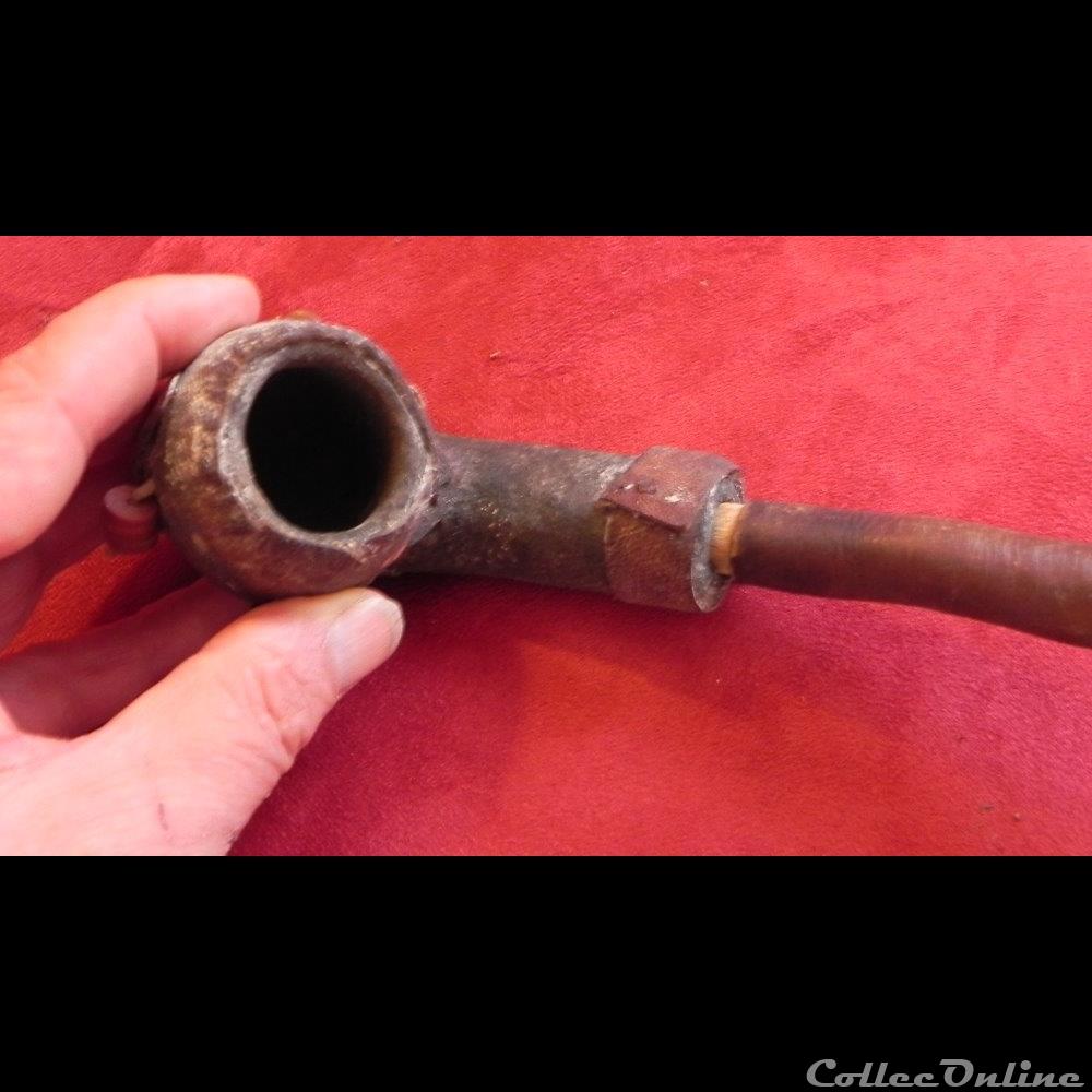 art antiquite africain fourneau pipe terre cuite et tube de bois guaine de cuir