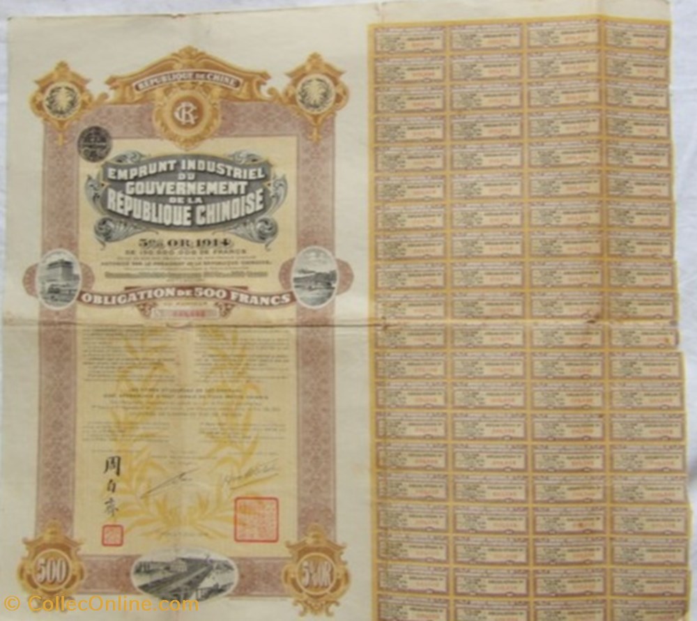 vieux papier action titre emprunt industriel obligations 500 francs 5 pour 100 or 1914 chine republique de chine