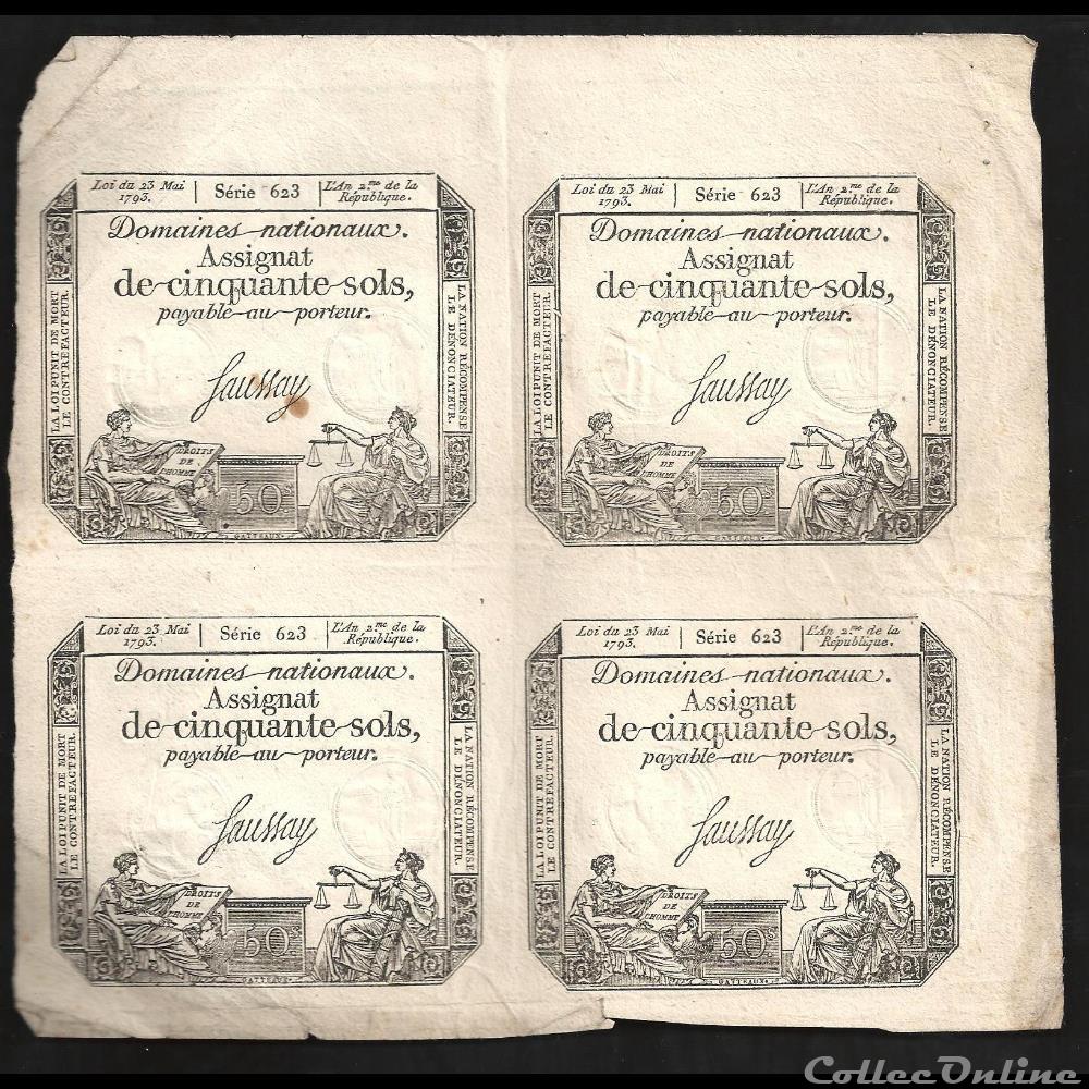 planche de 4 assignats de 50 sols L'an 2 de la République billets europe france planche de 4 assignats de 50 sols an 2 de la republique