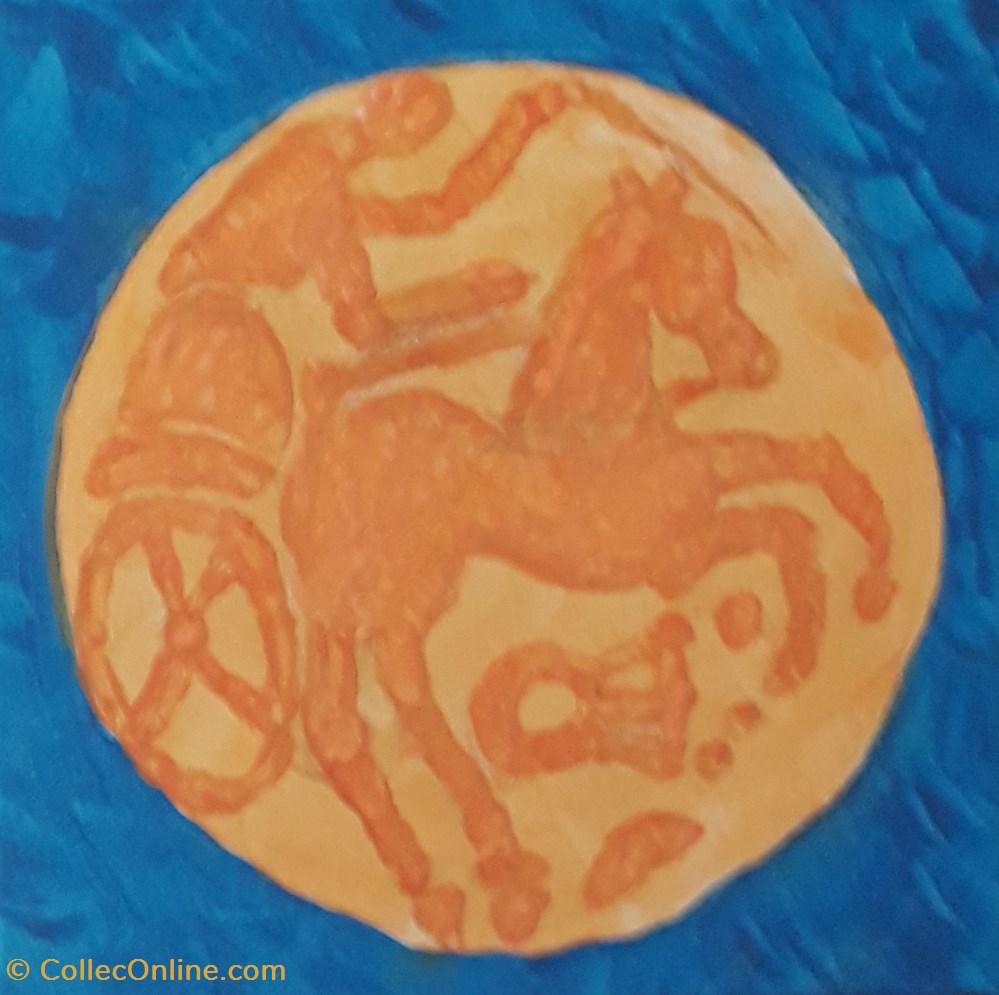 antiquites peintures dessins representation quart de stater des sequanes revers representation du char lunaire acrylique