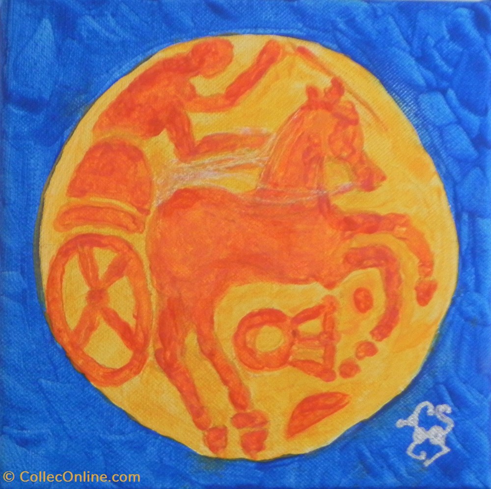 antiquites peintures dessins representation quart de stater des sequanes revers representation du char lunaire acrylique