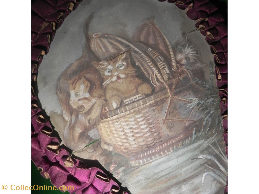 ÉVENTAIL fin XIX peinture sur soie panier et 3 chatons 2 vetements accessoires eventails eventail fin xix peinture sur soie panier et 3 chatons