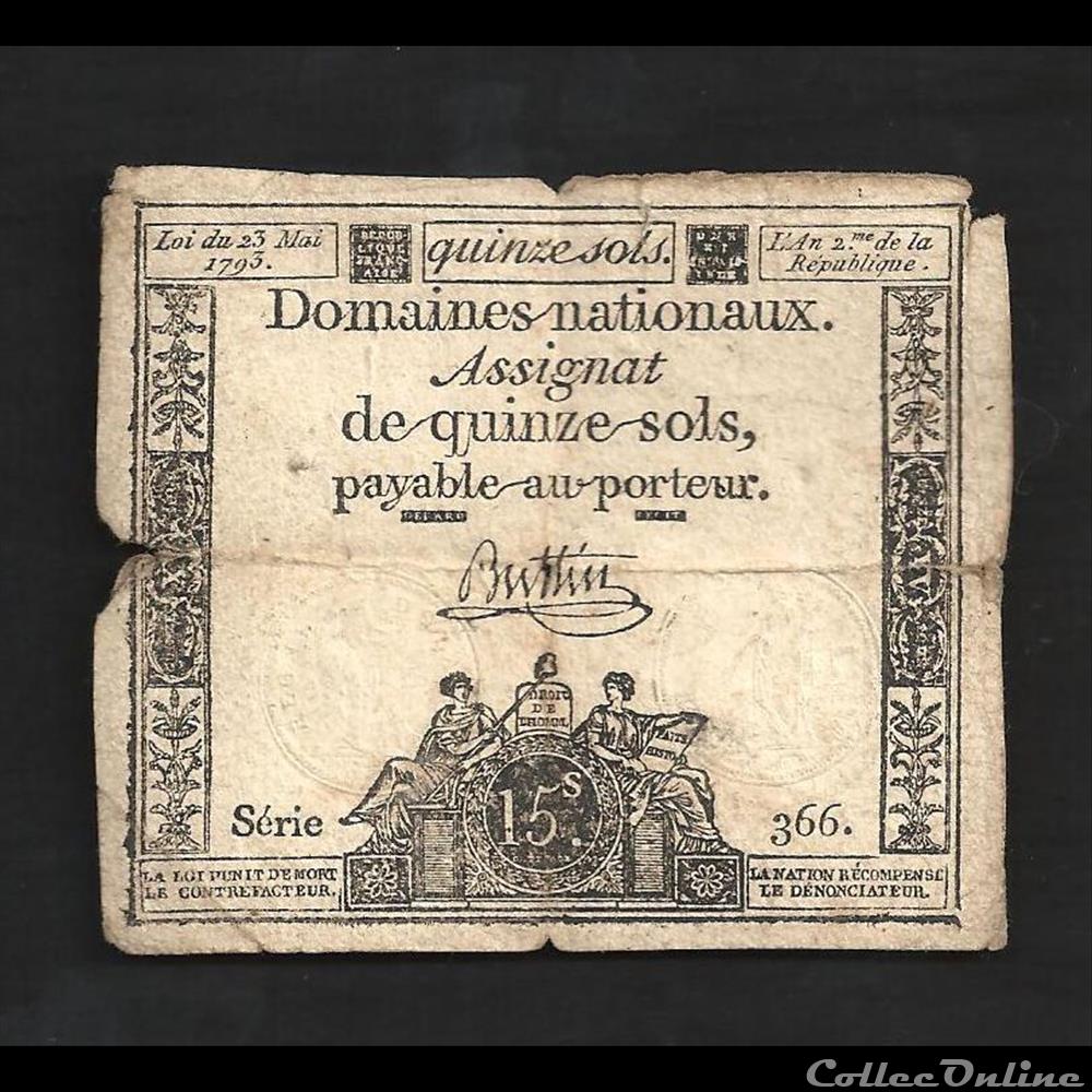 assignat de 15 sols L'an 2 de la République billet france assignat de 15 sols an 2 de la republique