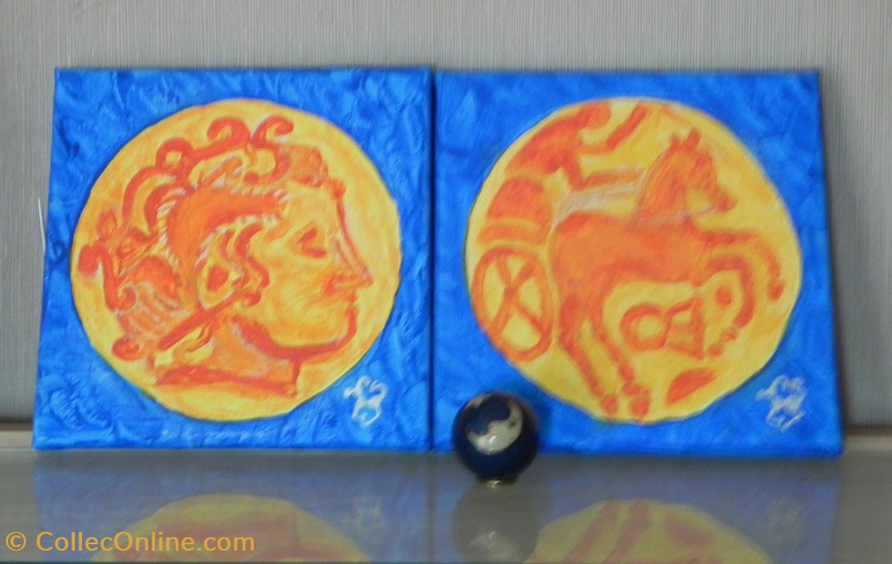 antiquites peintures dessins representation quart de stater des sequanes revers representation du char lunaire acrylique