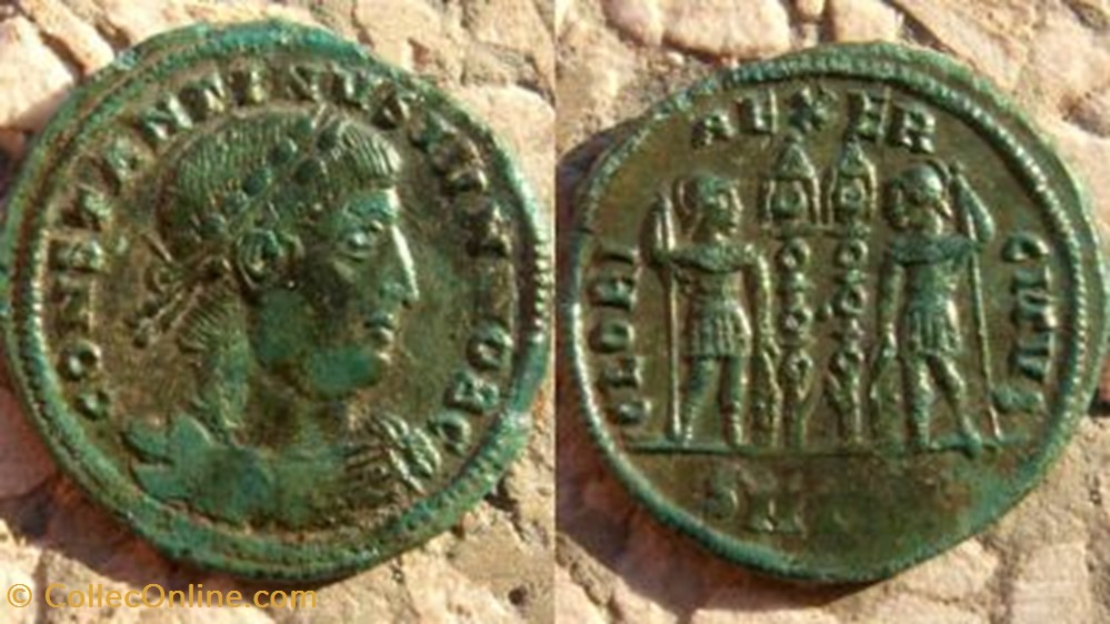 CONSTANTINE II AE3 RIC VII 184, GLORIA EXERCITVS coin ancient b to roman republicain imperial constantine ii ae3 ric vii 184 gloria exercitvs