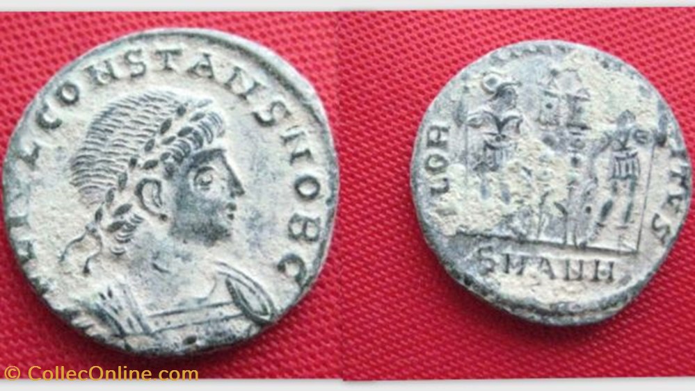 CONSTANS AE3 RIC VII 89, Gloria Exercitvs coin ancient b to roman republicain imperial constans ae3 ric vii 89 gloria exercitvs