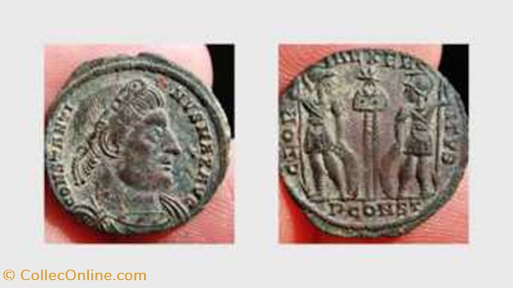 CONSTANTINE I AE3 Follis, RIC VII 345, GLORIA EXERCITVS coin ancient b to roman republicain imperial constantine i ae3 follis ric vii 345 gloria exercitvs