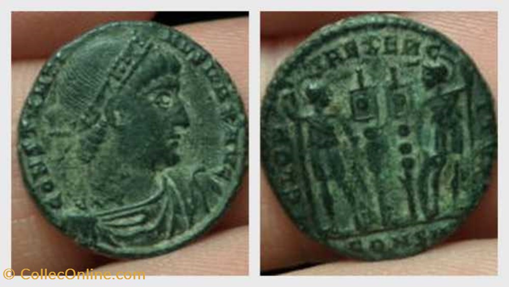 CONSTANTINE I AE3 Follis, RIC VII 73, GLORIA EXERCITVS coin ancient b to roman republicain imperial constantine i ae3 follis ric vii 73 gloria exercitvs