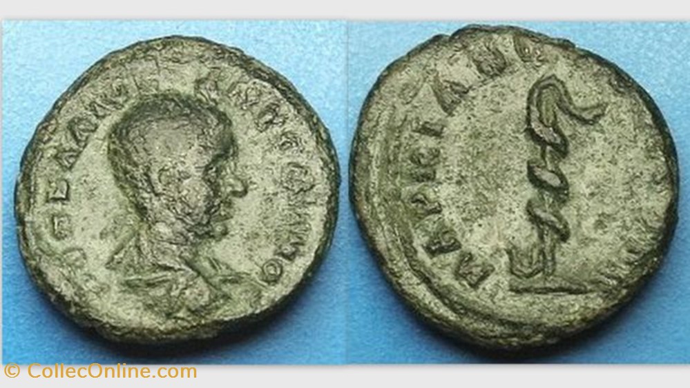 coin ancient c to roman republicain imperial diadumenian assarion varbanov 1354 aesklepios staff