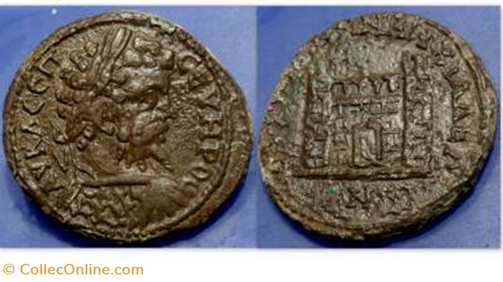 SEPTIMIUS SEVERUS AE27, Varbanov 205, City Wall coin ancient to roman republicain imperial septimius severus ae27 varbanov 205 city wall
