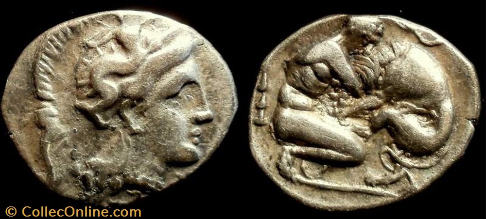 TARAS, CALABRIA AR Diobol coin ancient to greek taras calabria ar diobol