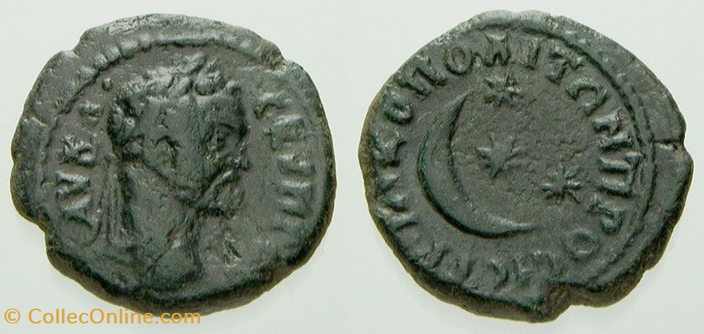 SEPTIMIUS SEVERUS AE18 Varbanov 2554, Crescent and Stars coin ancient to roman republicain imperial septimius severus ae18 varbanov 2554 crescent and stars