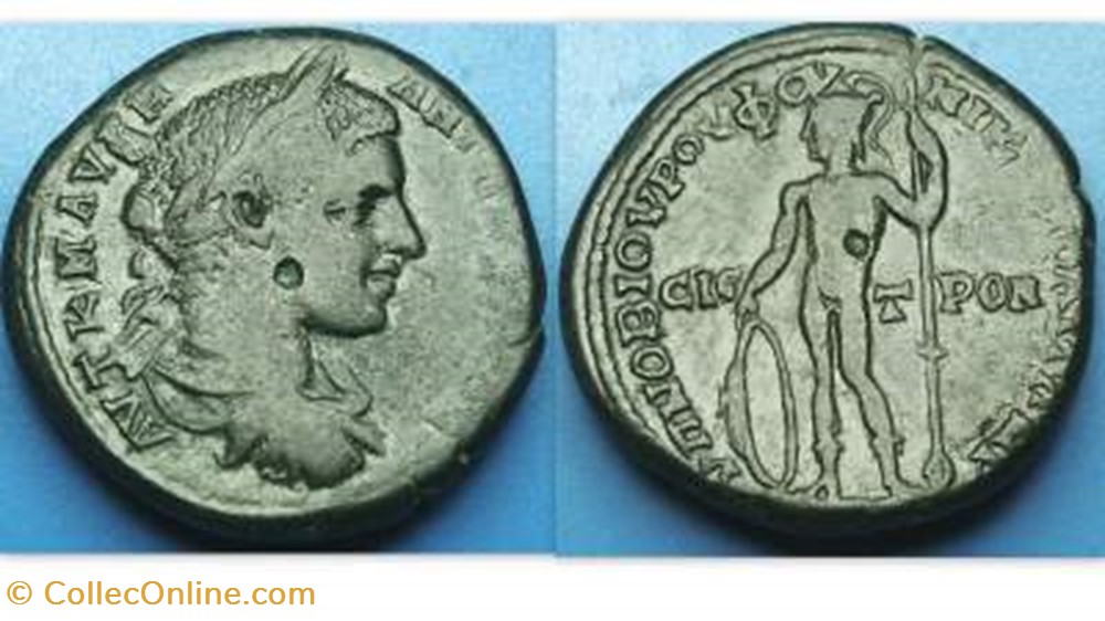 Elagabalus AE26 Moushmov 1377, Ares coin ancient c to roman republicain imperial elagabalus ae26 moushmov 1377 ares