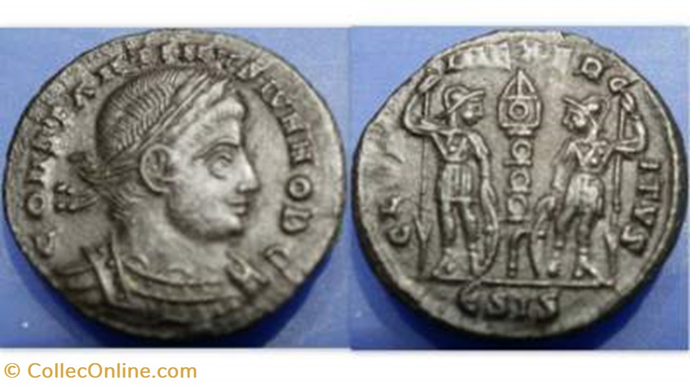 CONSTANTINE II AE Follis RIC VII 253, Soldiers and Standard coin ancient b to roman republicain imperial constantine ii ae follis ric vii 253 soldiers and standard