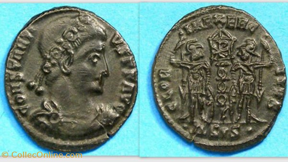 CONSTANTIUS II AE4 RIC VIII 102, GLORIA EXERCITVS coin ancient b to roman republicain imperial constantius ii ae4 ric viii 102 gloria exercitvs