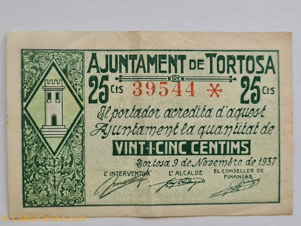 billetes europa espana 25 centimos 9 de noviembre 1937 tortosa