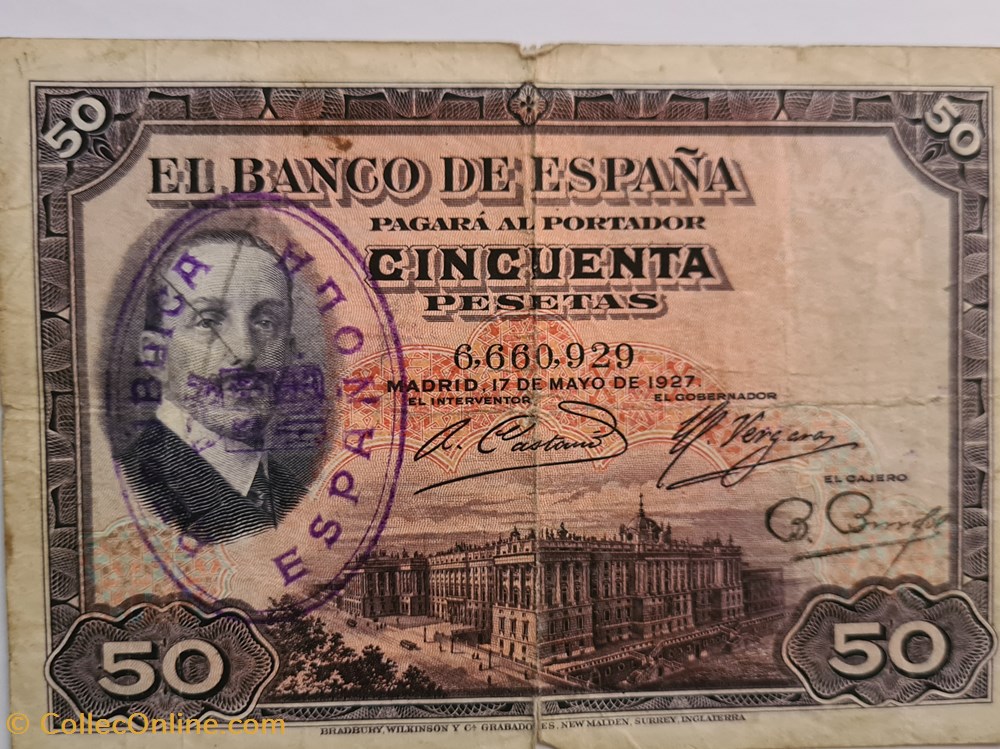 billetes europa espana 50 pesetas alfonso xiii con sello de la republica espanola
