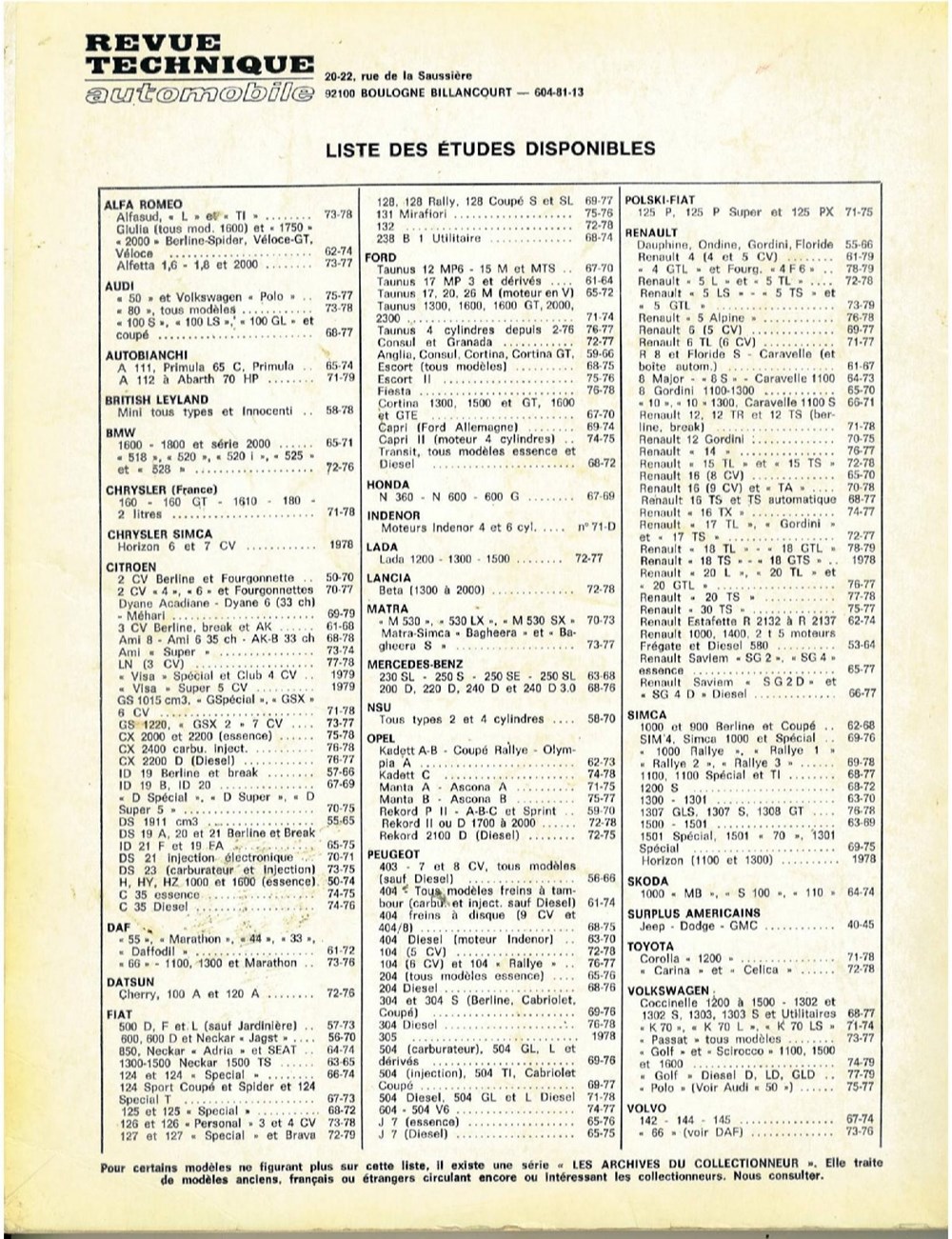 anciens planches plans documents revue techniques rta