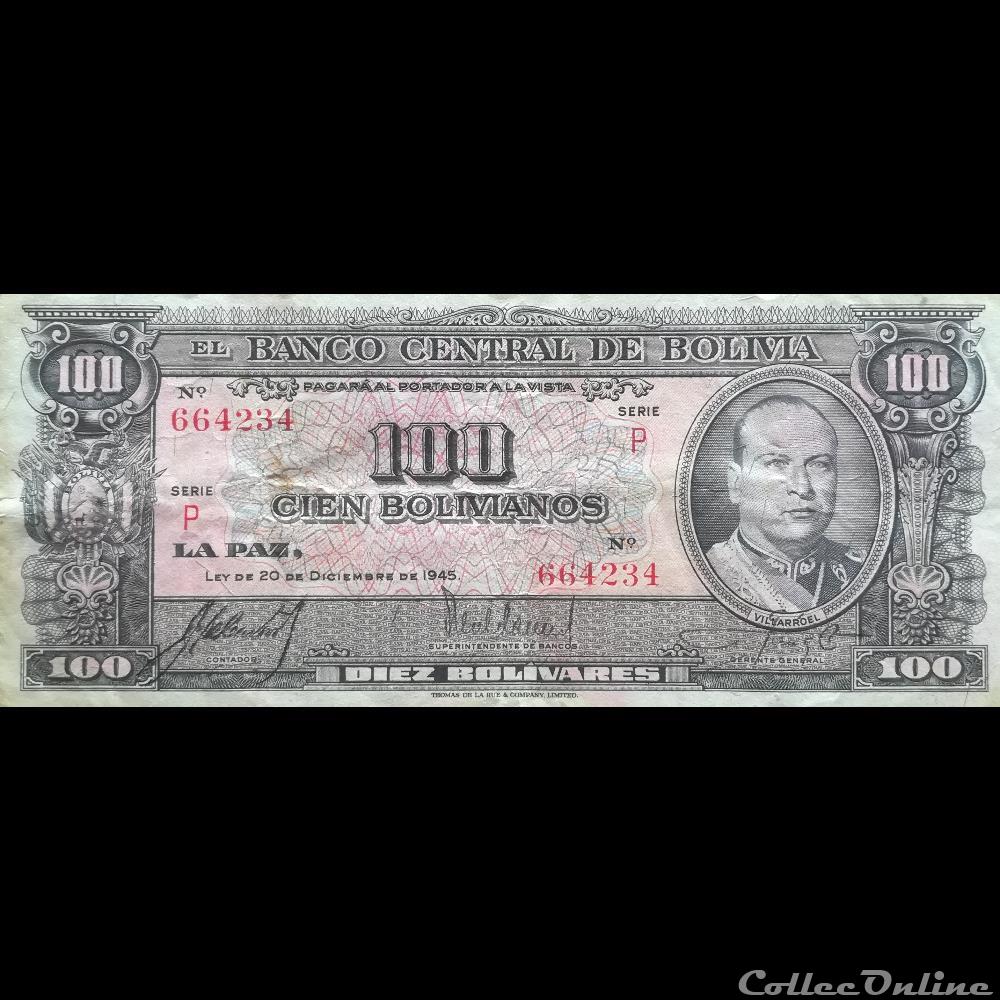 BOLIVIE - P 147 (2) - 100 BOLIVIANOS - 1945 billet amerique du sud argentine bolivie p 147 2 100 bolivianos 1945