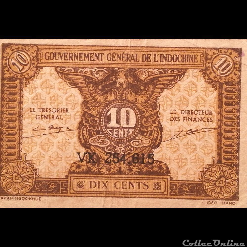 INDOCHINE - P 89 A - 10 CENTS - 1942 billet asie indochine p 89 a 10 cents 1942