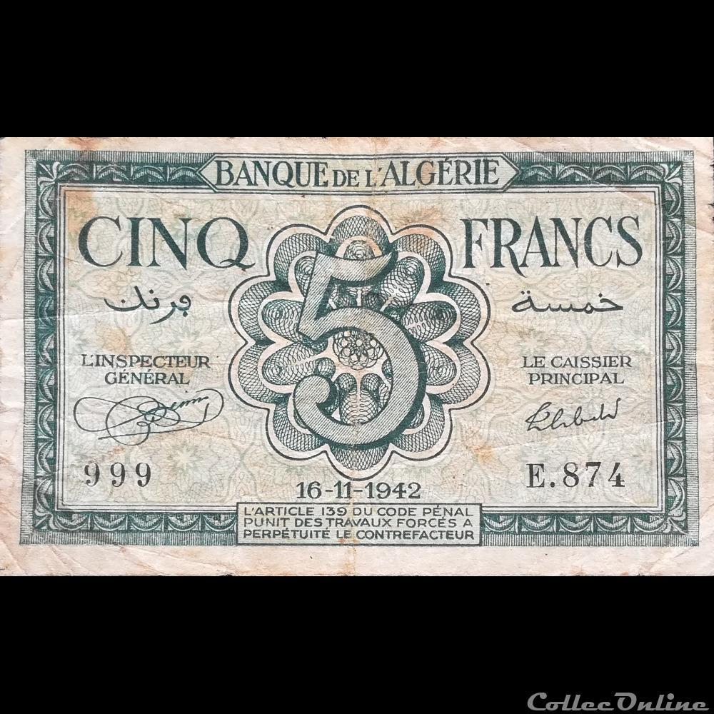 ALGERIE - P 91 - 5 FRANCS - 1942 billet afrique algerie p 91 5 francs 1942