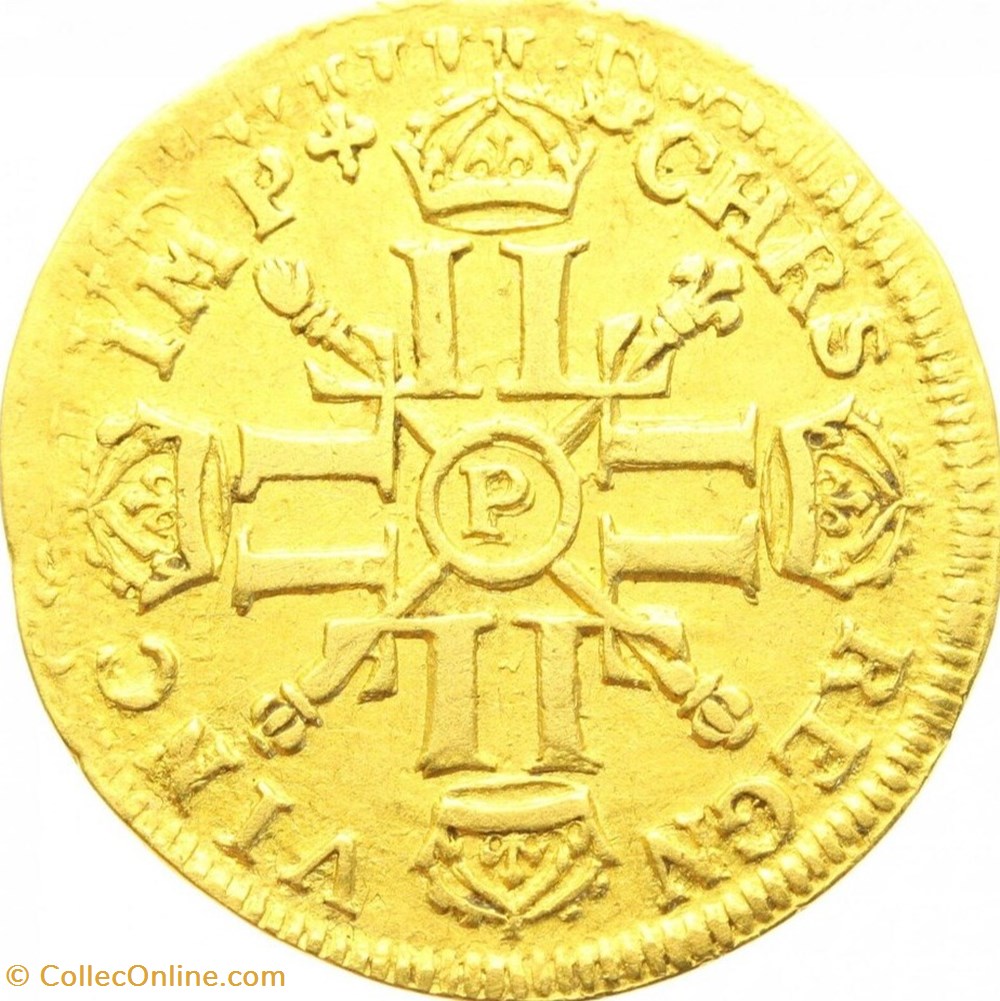 Demi - Louis d'or Louis XIIII aux 8L et aux insignes 1702 P Dijon monnaies europe medievale france royales demi louis or louis xiiii aux 8l et aux insignes 1702 p dijon