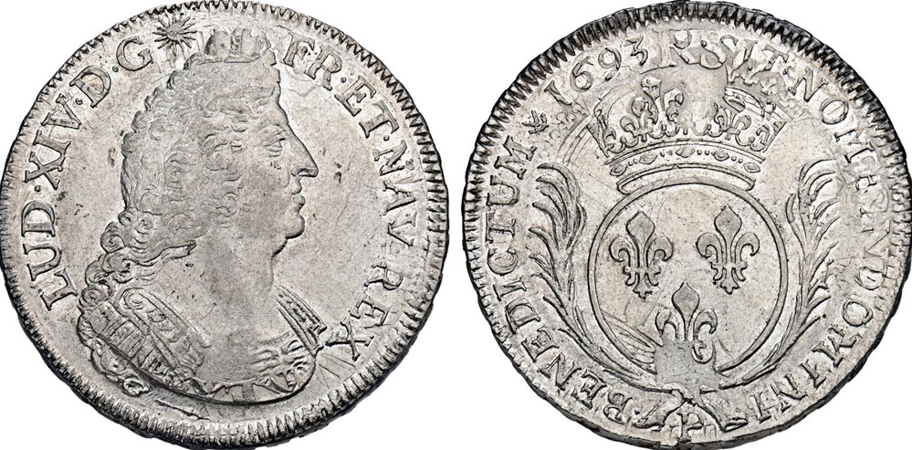 écu aux palmes Louis XIV 1693 P DIJON monnaies europe medievale france royales ecu aux palmes louis xiv 1693 p dijon