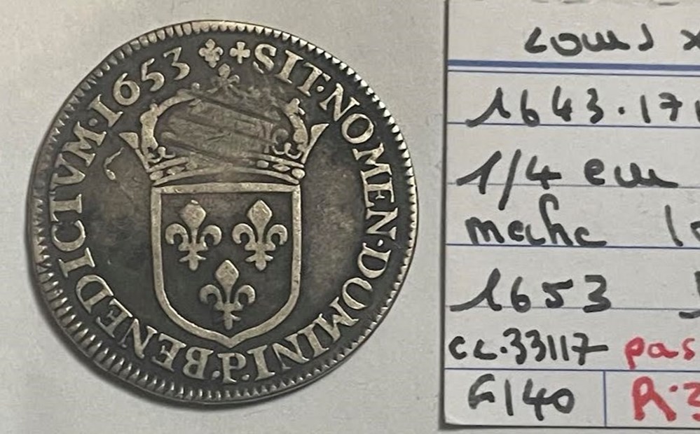 Quart d'écu Louis XIV à la mêche longue 1653 P DIJON monnaies europe medievale france royales quart ecu louis xiv a la meche longue 1653 p dijon