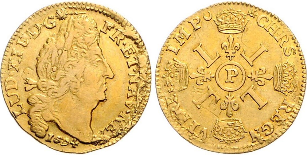 Louis d'or Louis XIV aux 4L 1694 P DIJON monnaies europe medievale france royales louis or louis xiv aux 4l 1694 p dijon