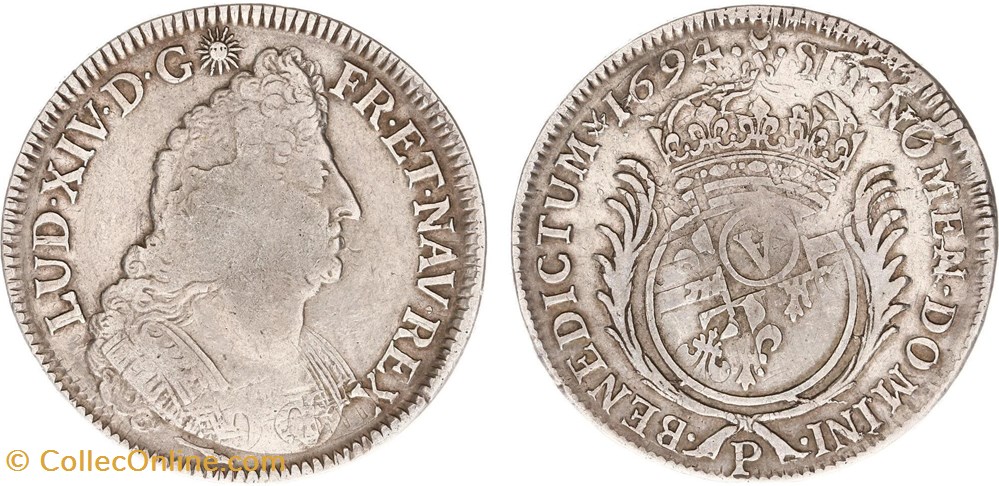 écu d'argent Louis XIV aux palmes 1694 P DIJON monnaies europe medievale france royales ecu argent louis xiv aux palmes 1694 p dijon