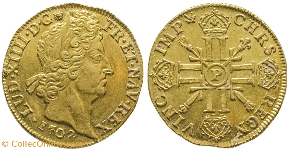Double Louis d'or Louis XIV aux 8L et Aux Insignes 1702 P DIJON Flan neuf monnaies europe medievale france royales double louis or louis xiv aux 8l et aux insignes 1702 p dijon flan neuf