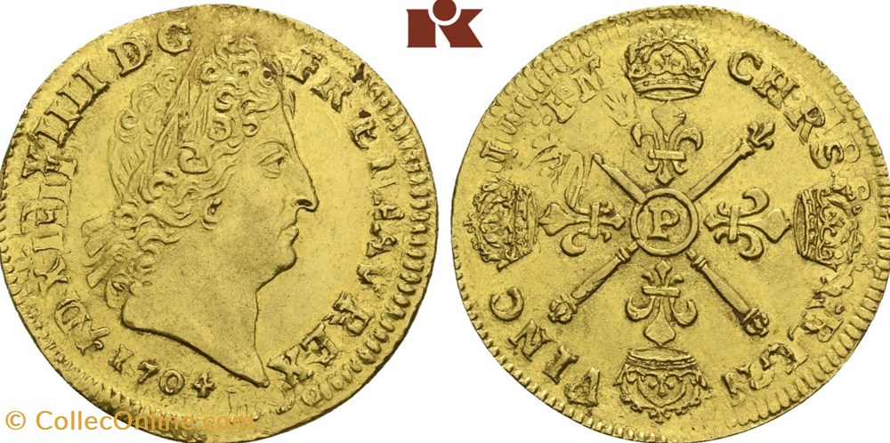 Louis d'or Louis XIIII Aux Insignes 1704 P DIJON , 1er Type , réformation monnaies europe medievale france royales louis or louis xiiii aux insignes 1704 p dijon 1er type reformation