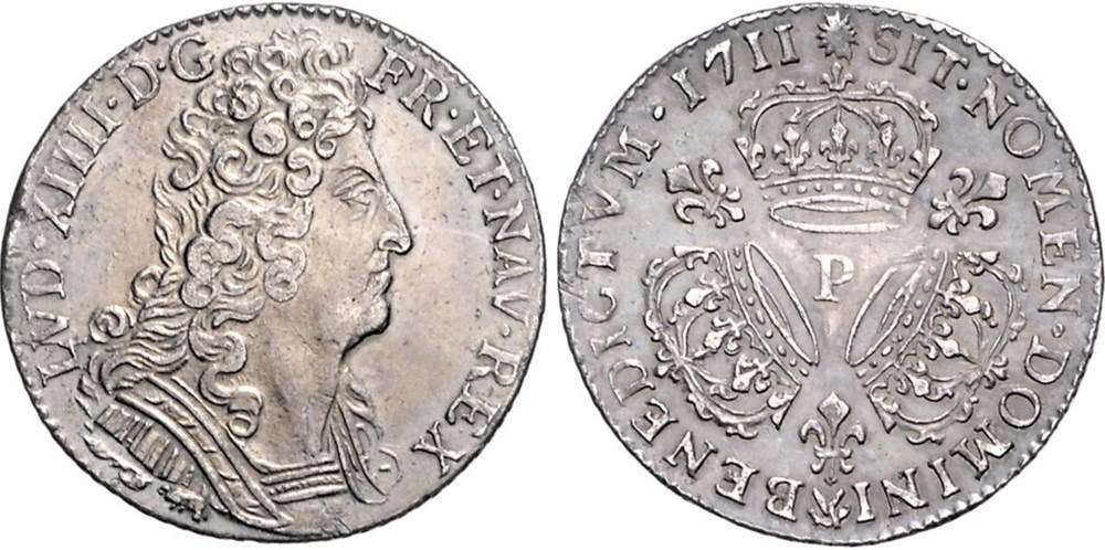 Quart d'écu dit au soleil Louis XIV 1711 P DIJON monnaies europe medievale france royales quart ecu dit au soleil louis xiv 1711 p dijon