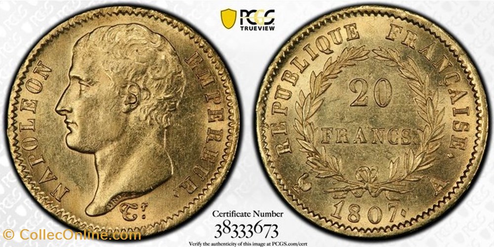 20 FRANCS OR 1807 A PARIS Type Transitoire PCGS MS62 monnaies monde france 20 francs or 1807 a paris type transitoire pcgs ms62