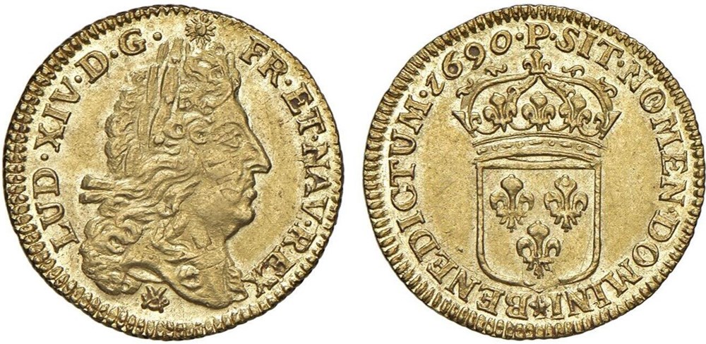 Demi Louis d'or Louis XIV à l'écu 1690 P DIJON monnaies europe medievale france royales demi louis or louis xiv a ecu 1690 p dijon