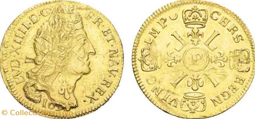 Louis D'or Louis XIV dit aux 4L 1697 P monnaies europe medievale france royales louis or louis xiv dit aux 4l 1697 p