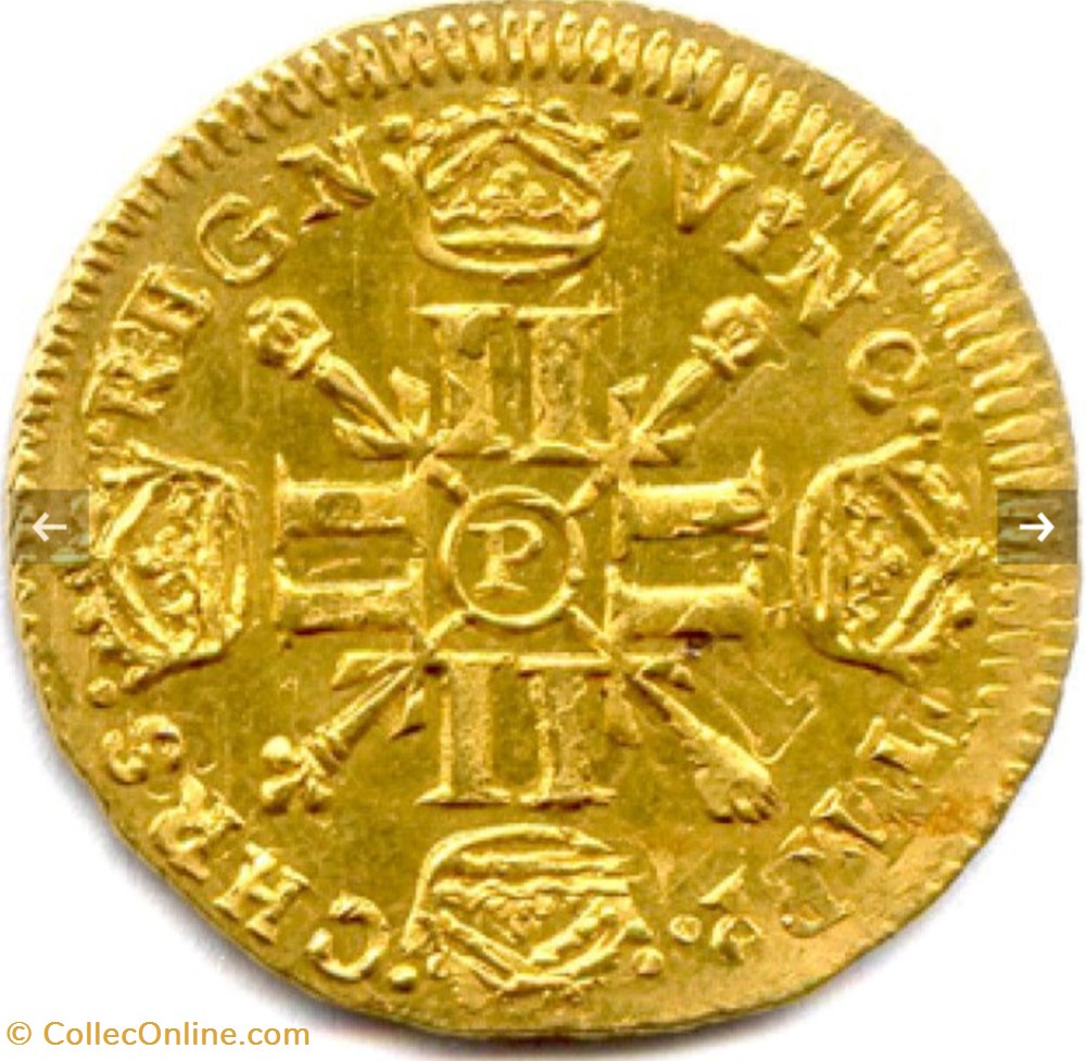 Louis d'or Louis XIIII Aux 8L et Aux Insignes 1702 P DIJON , Fausse réformation monnaies europe medievale france royales louis or louis xiiii aux 8l et aux insignes 1702 p dijon fausse reformation