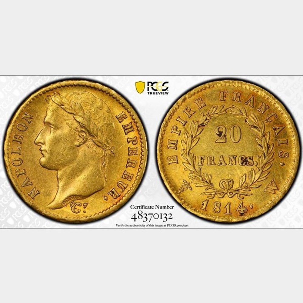 monnaies monde france 20 francs or napoleon ier 1814 w lille pcgs au58