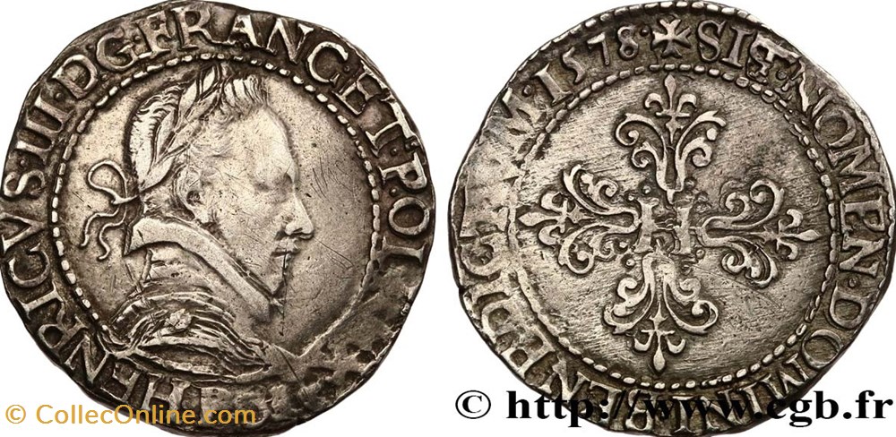 Franc d'argent Henri III 1578/7 dit au col plat Dijon monnaies europe medievale france royales franc argent henri iii 1578 7 dit au col plat dijon