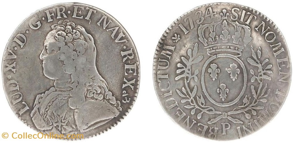 écu Louis XV aux Branches d'Olivier 1734 P DIJON monnaies europe medievale france royales ecu louis xv aux branches olivier 1734 p dijon